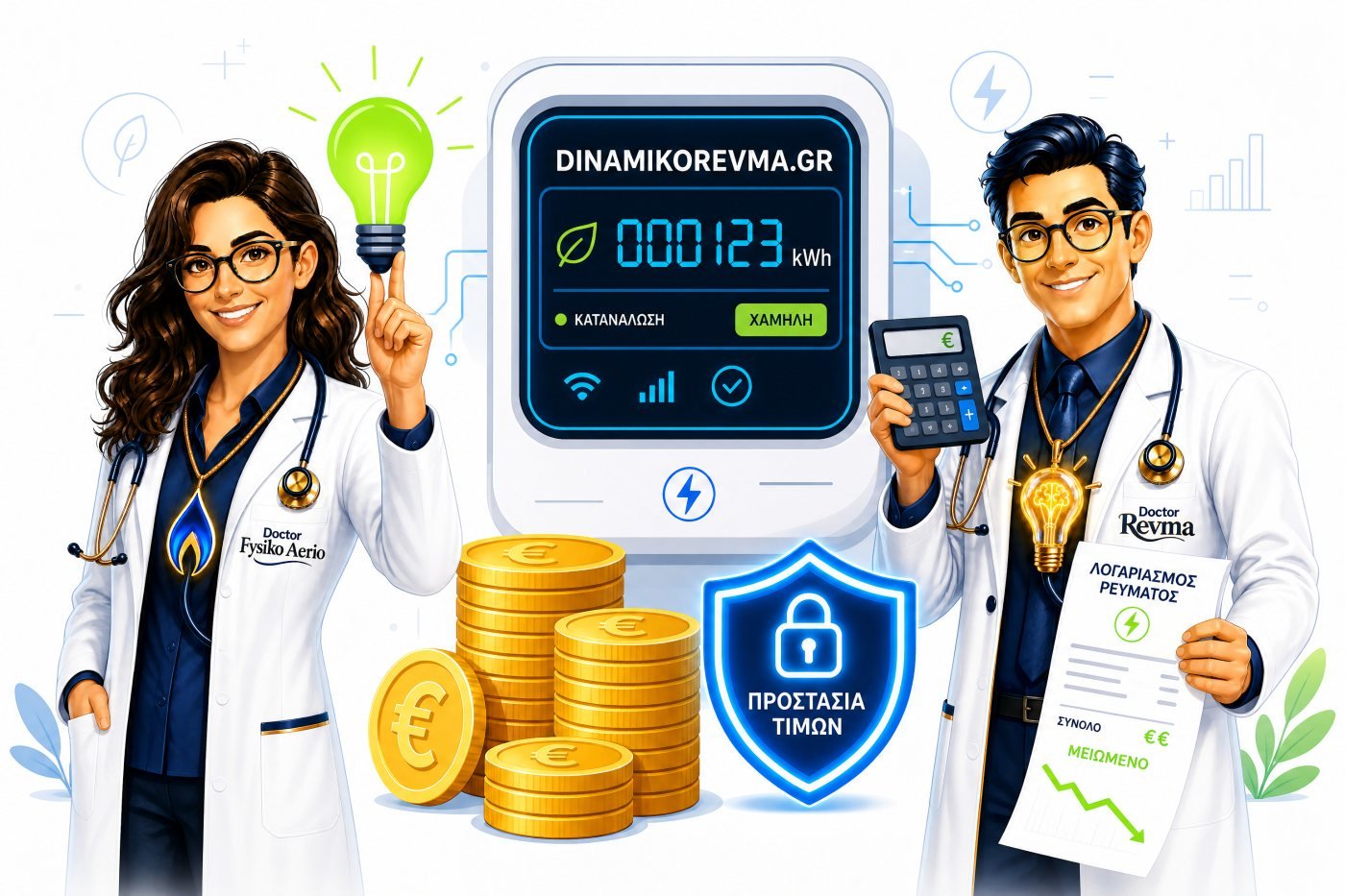 Οι σύμβουλοι της DinamikoRevma.gr μπροστά σε μετρητή ρεύματος, με λογαριασμό και υπολογιστή τσέπης